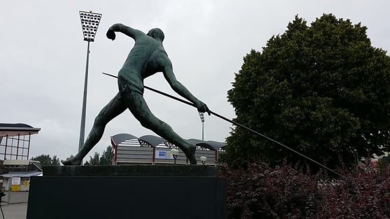 A statue depicting javelin thrower Matti Järvi next to the Pori stadium. Photo: Katja Halinen