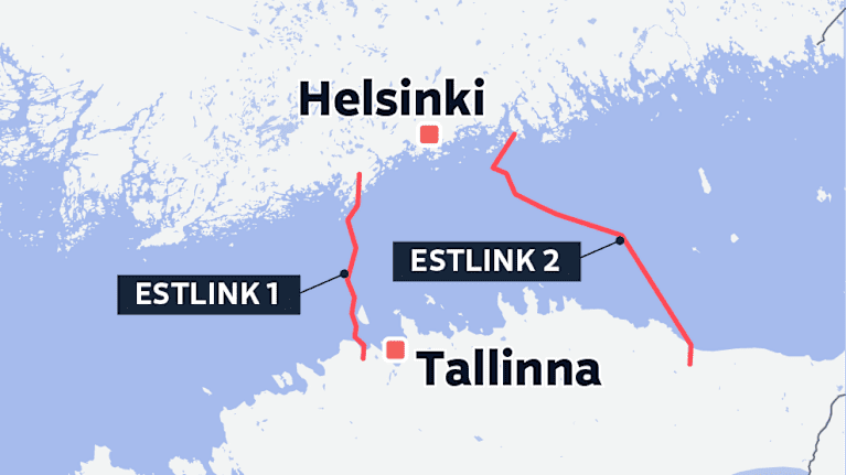 O mapa mostra ESTLINK 1 e 2 entre a Finlândia e a Estônia, com as linhas dos cabos passando sob o Golfo da Finlândia.