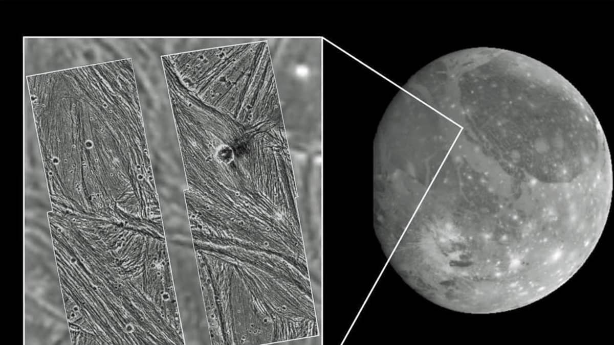 Jupiterin Ganymedes-kuu ja sen pintaa osasuurennoksena. 