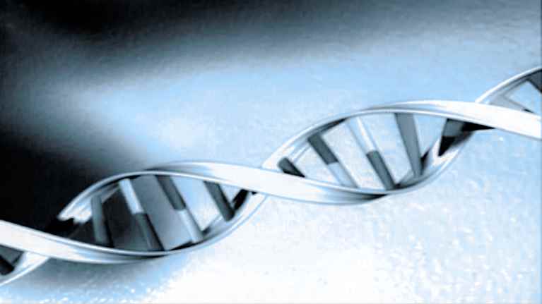 A silvery double-helix strand of genetic material.