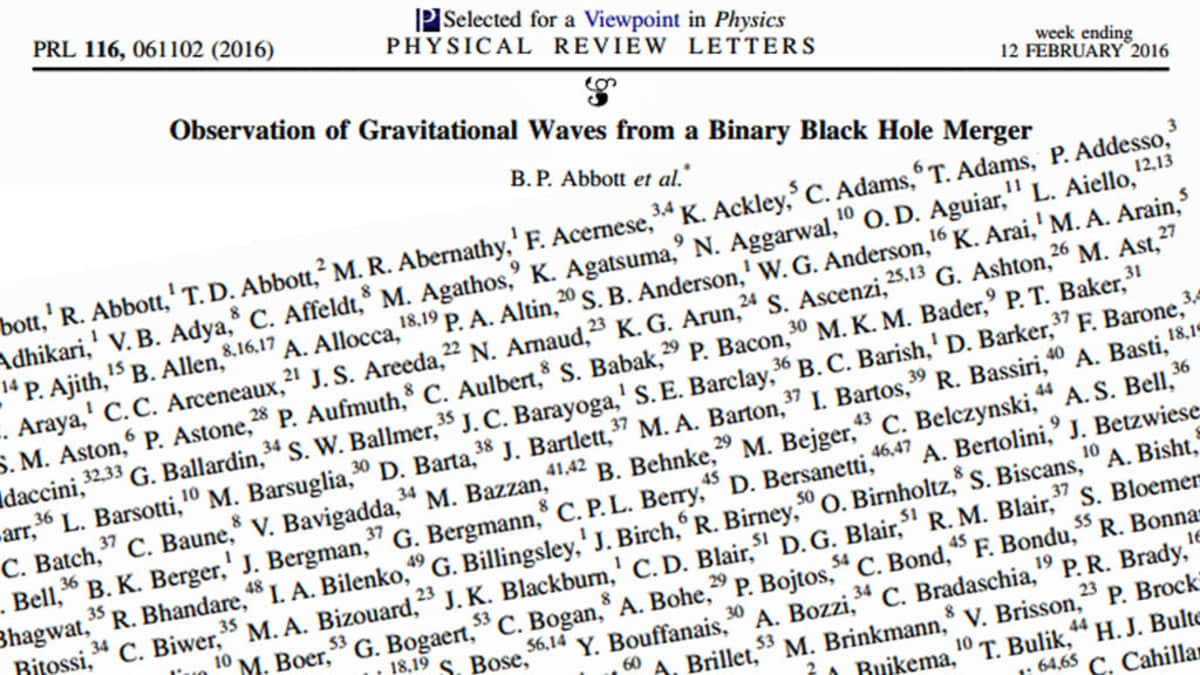 Kuvaan on yhdistetty tiedelehden gravitaatiaaaltoartikkelin otsikko ja osa tutkimuksen tekijäluettelosta, satoja nimiä.