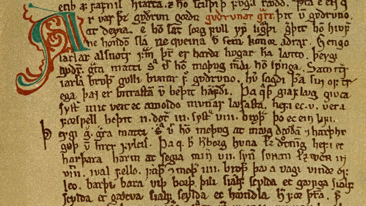 Muinaisskandinaaviksi käsin kirjoitettu sivu, jossa on koristeellinen alkukirjain A. 
