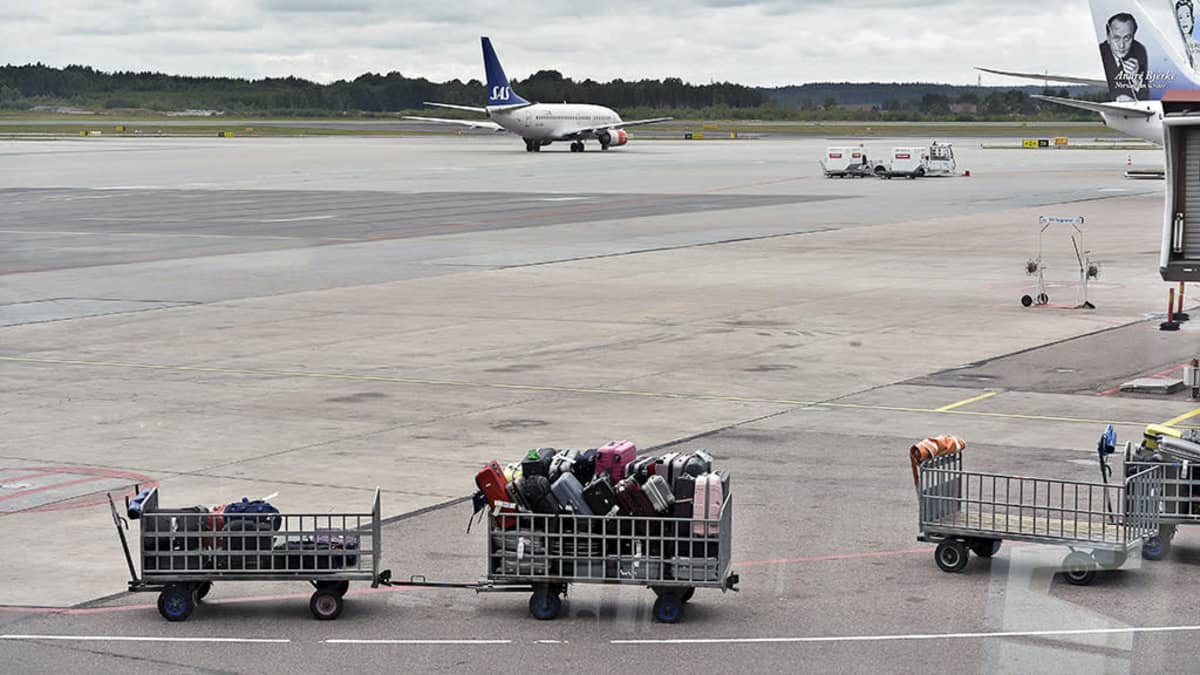Photo shows an SAS aircraft and two baggage trolleys on the runway at Stockholm Arlanda Airport.