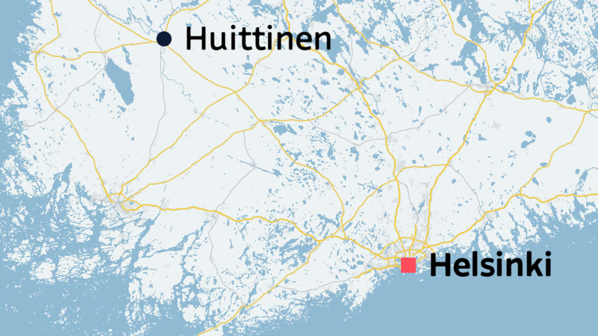 A map showing Huittinen and Helsinki.