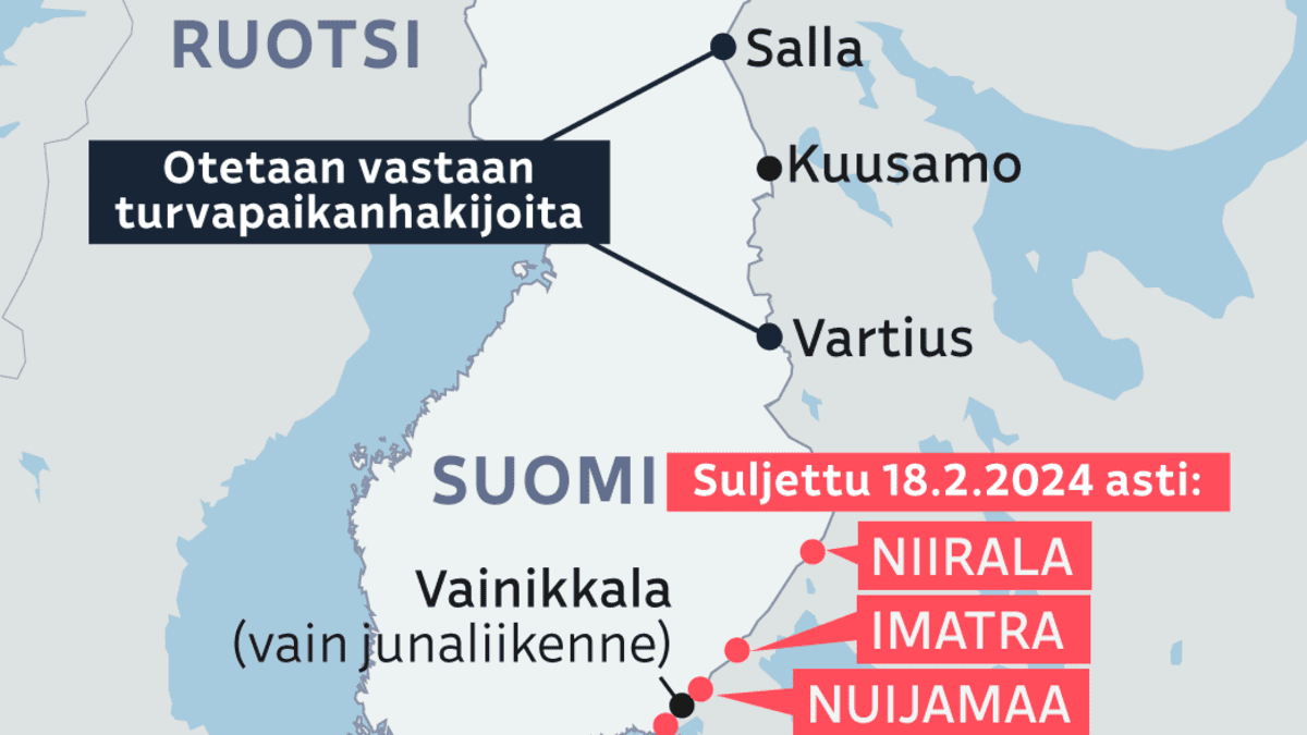 Kartta näyttää suljettavat rajanylityspaikat Kaakkois-Suomessa: Vaalimaan, Nuijamaan, Imatran ja Niiralan.