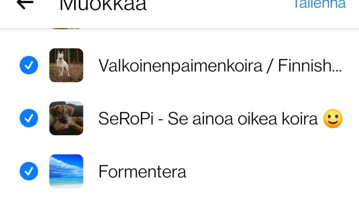 Messengerissä lista erilaisista ryhmäkeskusteluista.