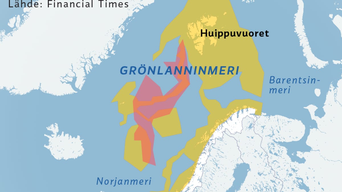 Kartalle merkittynä alueet, joilla Norja suunnittelee syvänmerenkaivauksia ja erittäin haavoittuvaiset merialueet.