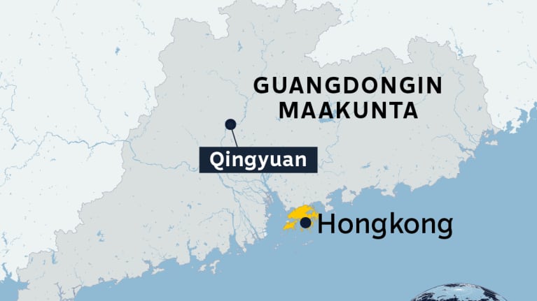 Kartalla Guangdongin maakunta, Hongkong ja Qingyuanin kaupunki. 