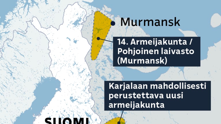 Venäjän mahdollisesti perustettavat armeijakunnat Suomen rajan läheisyydessä.