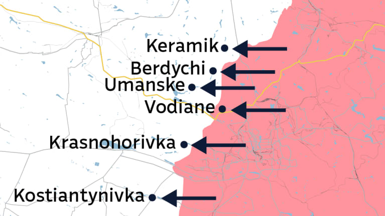 Kartalla rintamalinjaa Ukrainassa ja paikkakuntia, joiden suuntaan Venäjä on tehnyt hyökkäyksiä.