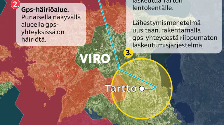 Infograafinen esitys Gps-yhteyksien häiriöalueesta ja sen vaikutuksesta Helsingistä Tarttoon kulkevalla lentoreitillä