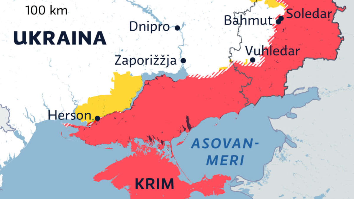 Kartalla Venäjän valtaamat alueet Ukrainassa 14.2.2023.