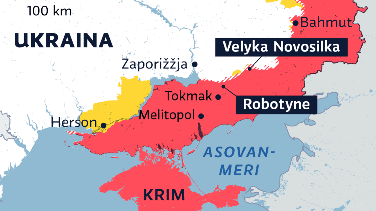 Ukrainan kartta 9.6.2023. Kartelle merkittynä Velyka Novosilka ja Robotyne.