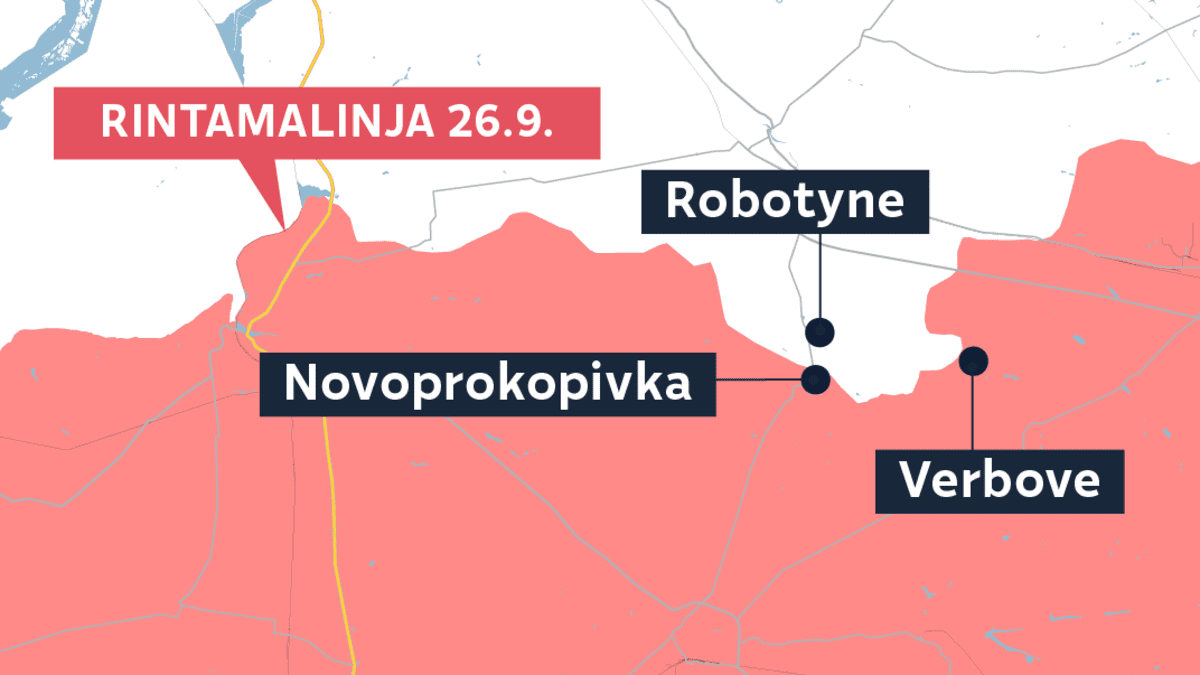 Kartalla Venäjän rintamalinja Robotynen lähistöllä Ukrainassa 26.9.2023