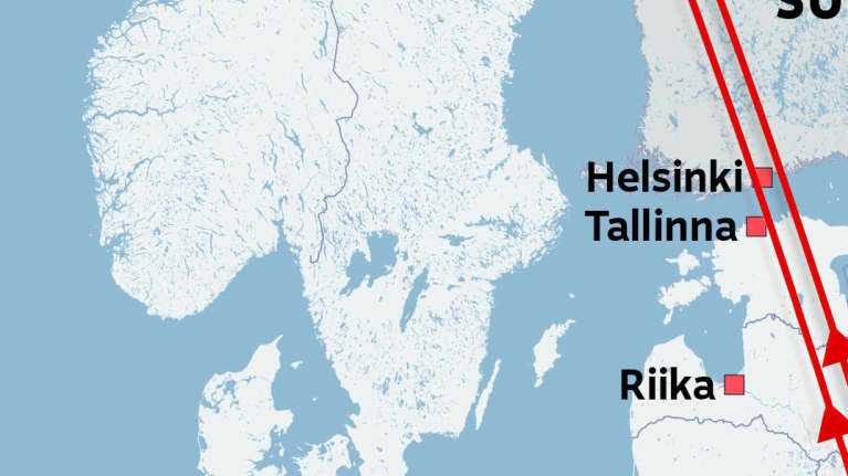Kartalla Suomen ja Helsingin ylittävän ERS-2 -satelliitin lentoreitti 20. helmikuuta 2024 noin klo 17.