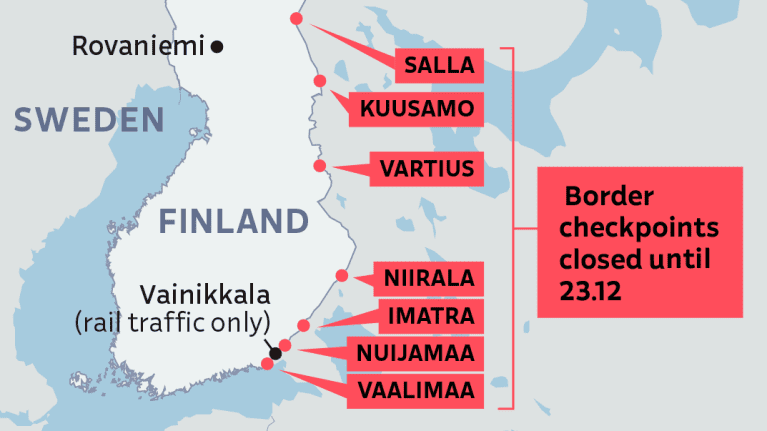 Graphic map shows that seven of the eight checkpoints on Finland's border with Russia will be closed until 23 December.