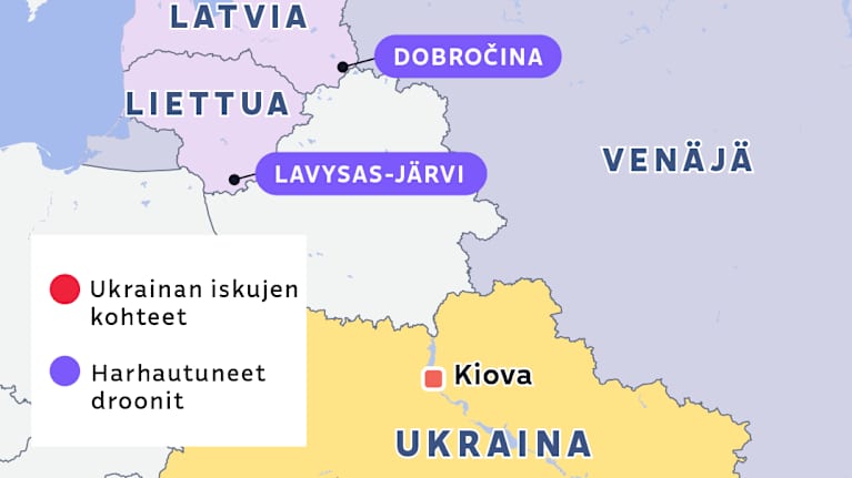 Kartassa esitetään ukrainalaisten iskujen kohteet ja harhautuneiden droonien reitit.
