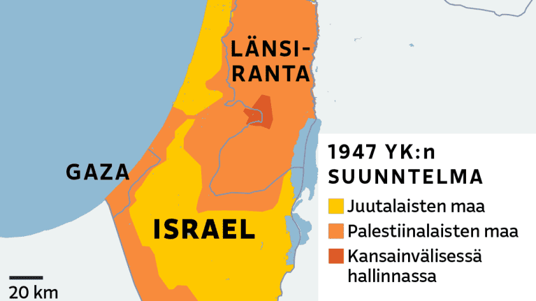 Kartalla vuoden 1947 YK:n suunnitelma Israelin jakautumisesta.