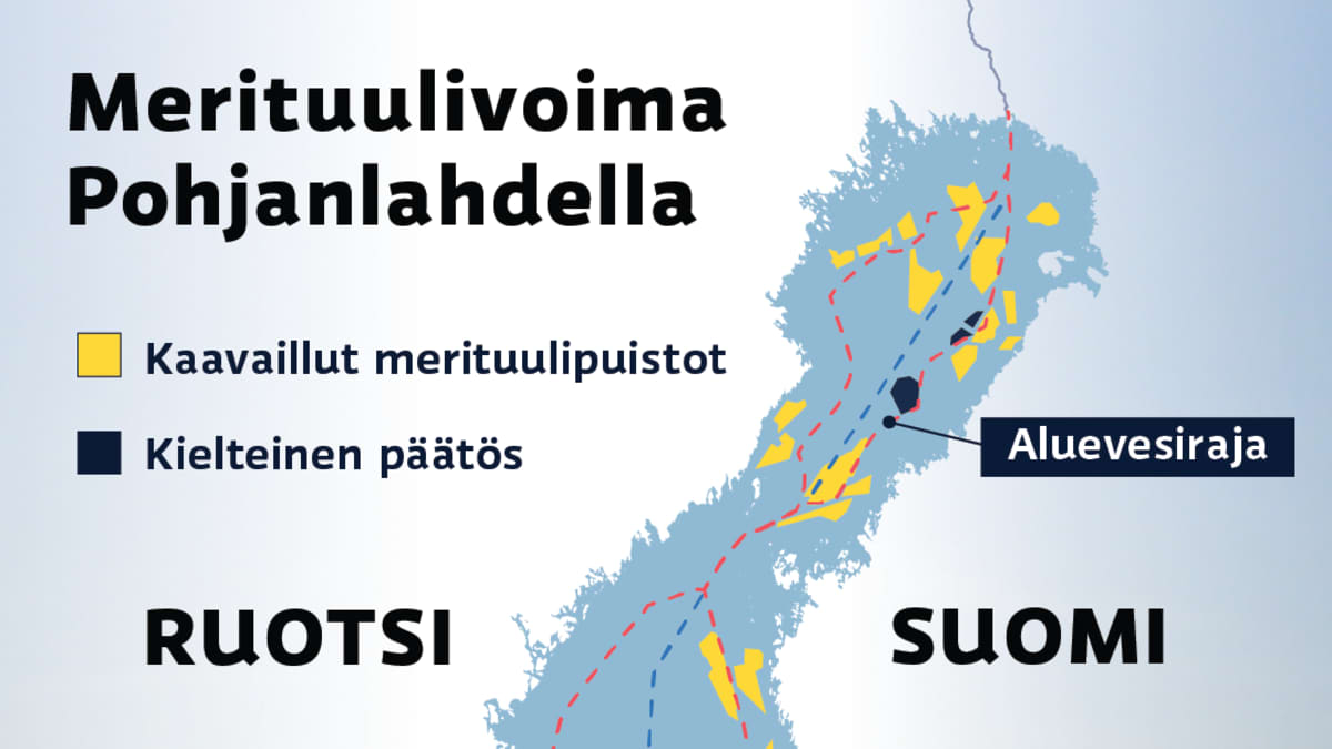 Kartalla näkyy merituulivoimahankkeet Pohjanlahdella ja Puolustusvoimien torppaamat tuulivoimahankkeet.