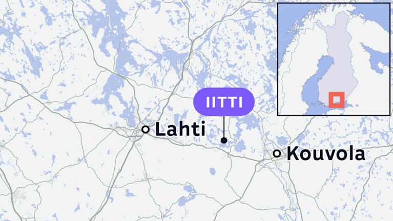 A map depicting Helsinki, Lahti and Iitti.
