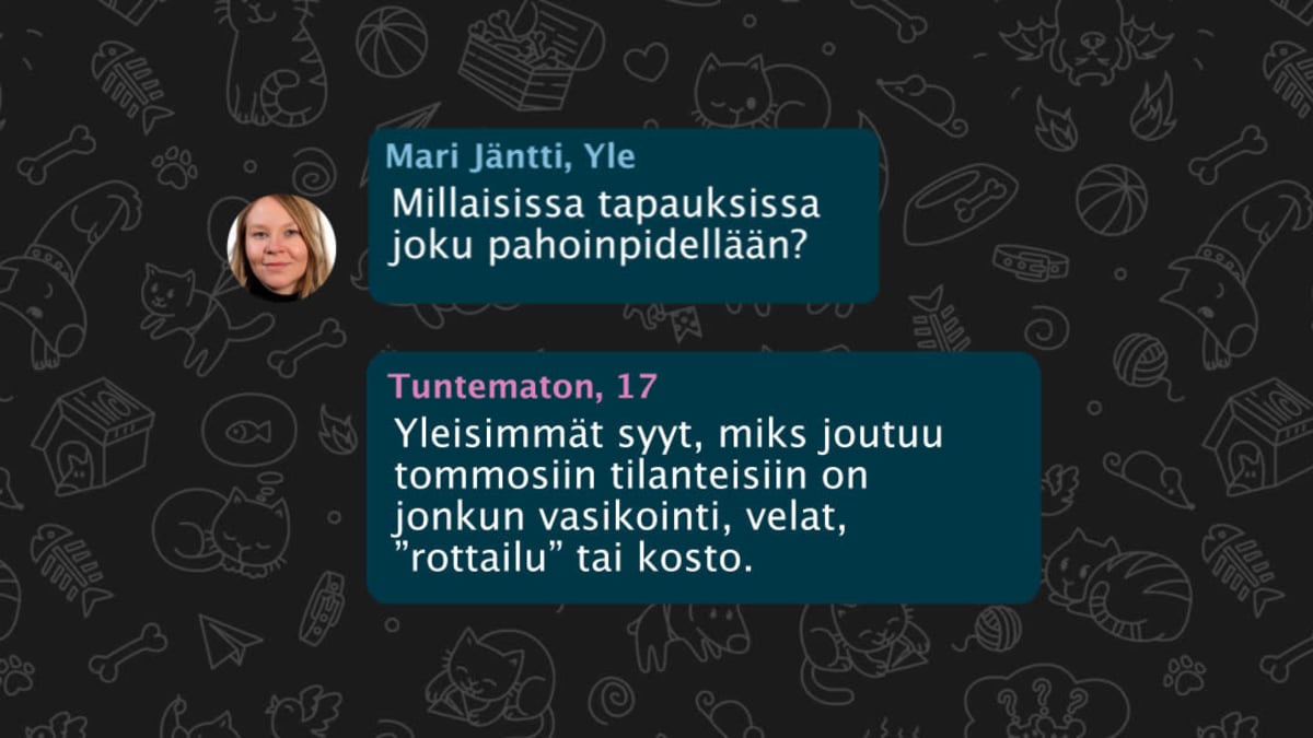 Mari Jäntti, Yle: Millaisissa tapauksissa joku pahoinpidellään? Tuntematon, 17: Yleisimmät syyt, miks joutuu tommosiin tilanteisiin on jonkun vasikointi, velat, ”rottailu” tai kosto. 