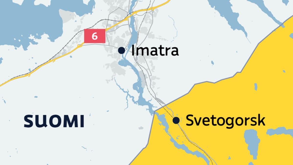 Karttagrafiikassa Suomen ja Venäjän raja Imatran kohdalla. Imatra Suomen puolella ja Svetogorsk Venäjällä.