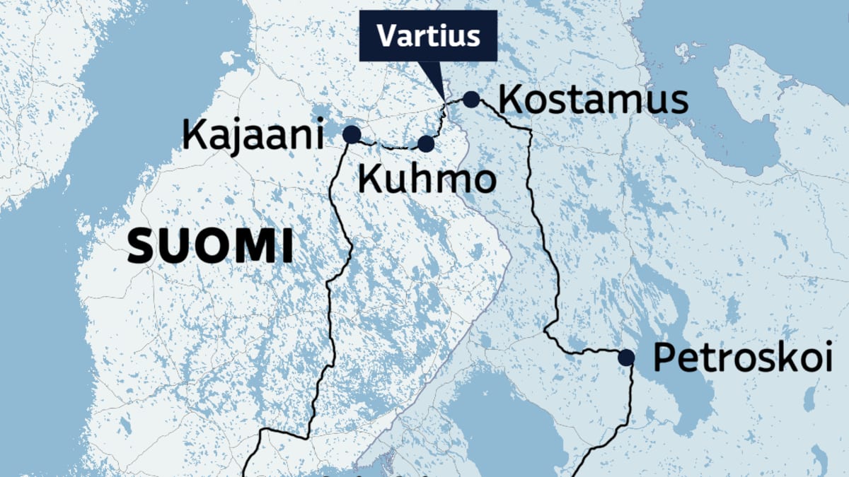 Kartalla näkyy Markku Niemisen matkareitti Kuhmosta Petroskoihin ja Tallinnan kautta takaisin Kuhmoon.