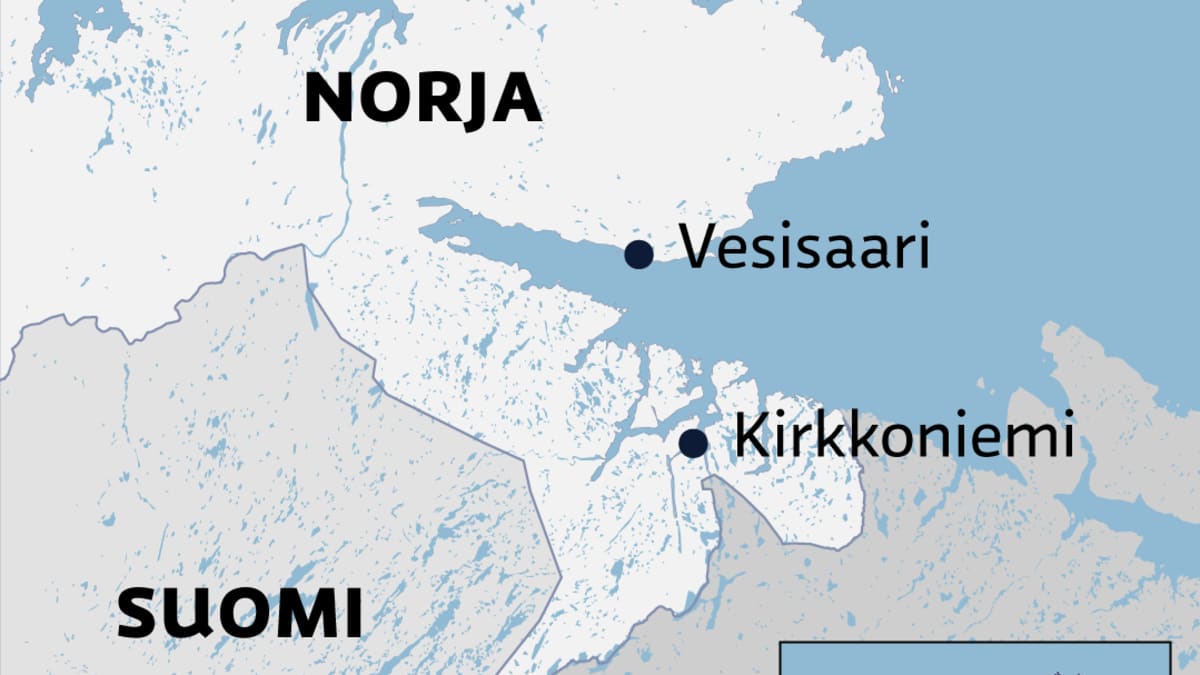 Kartalle merkattu Vesisaari ja Kirkkoniemi Pohjois-Norjassa. 