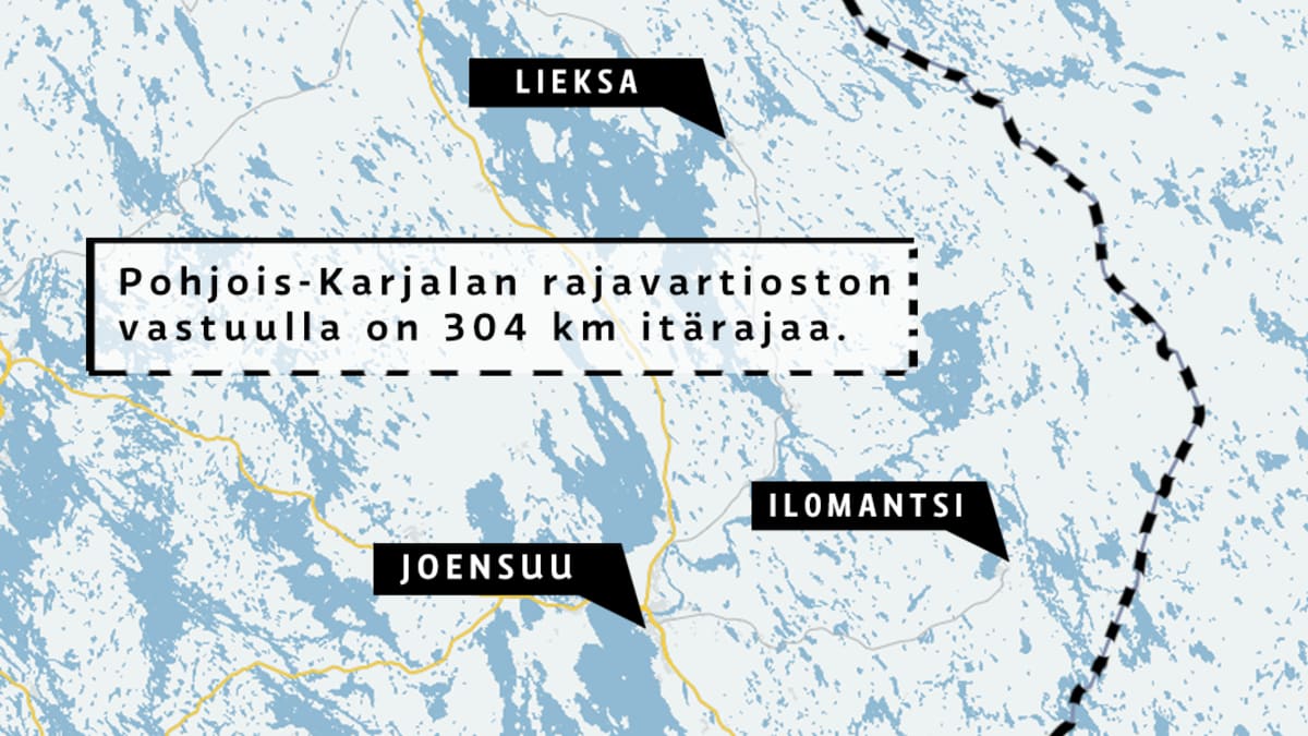 Itä-Suomi kartalla, jossa merkitty 304 kilometriä pitkä rajakaistale.