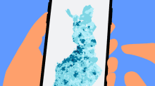 kuvituskuva puhelimesta, jonka näytöllä näkyy Suomen kartta