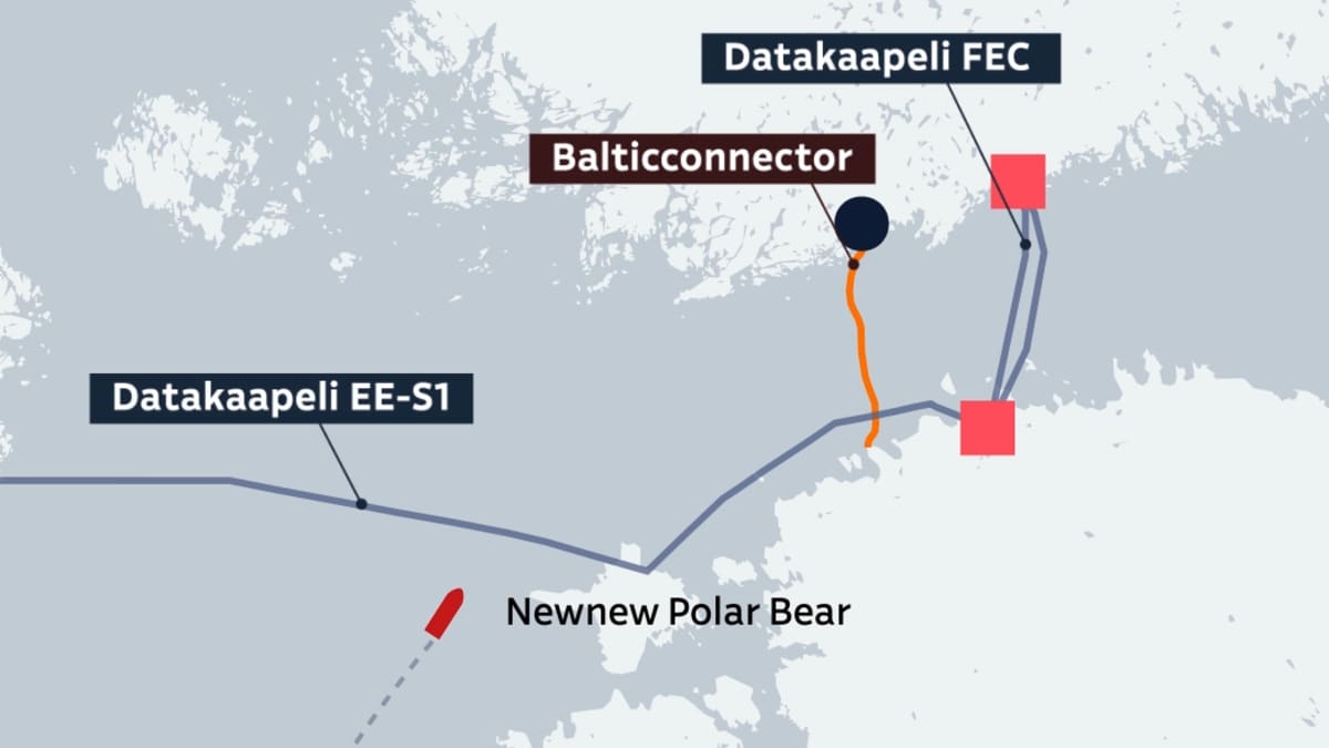 The route of the cargo ship in the area where there is a gas pipeline between Finland and Estonia. Photo: Ilkka Kemppinen / Yle, Joonas Haverinen / Yle