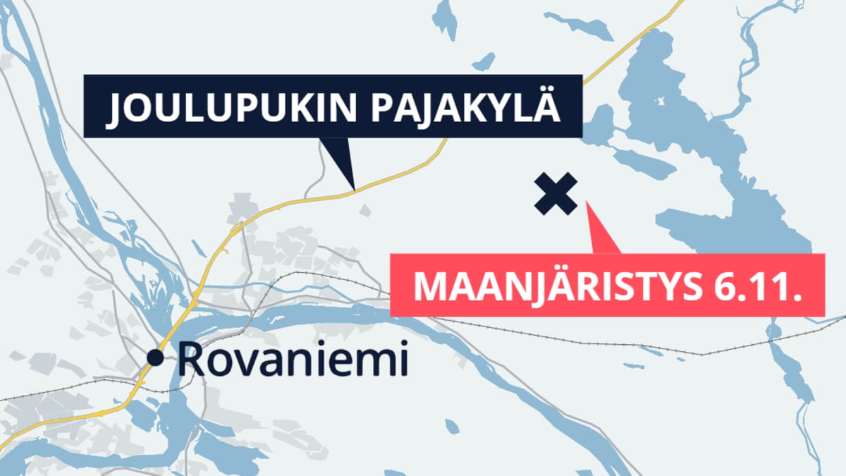 Kartalla näkyy maanjäristyksen tapahtuneen muutaman kilometrin päässä Joulupukin pajakylästä.