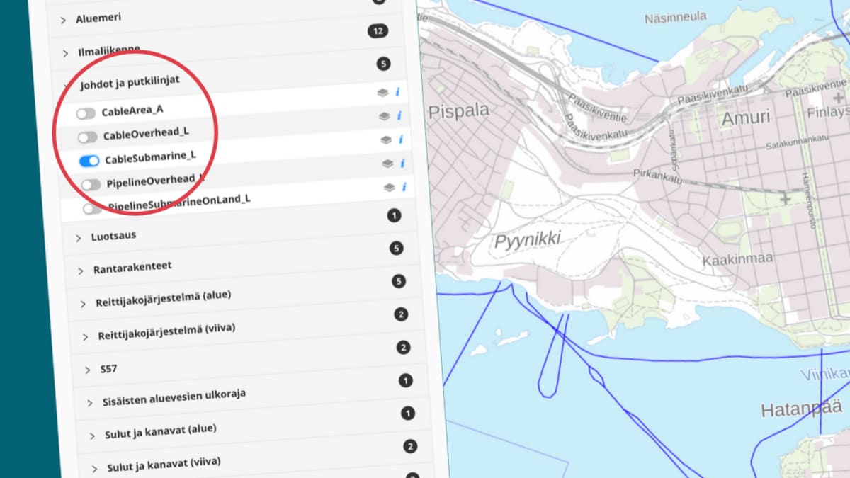 Traficomin karttapalvelusta ruutukaappaus, joka näyttää, miten palvelusta saa selville esimerkiksi vedenalaisten kaapeleiden sijainnit.