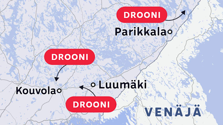 Map showing locations of found drones in Southern Finland.