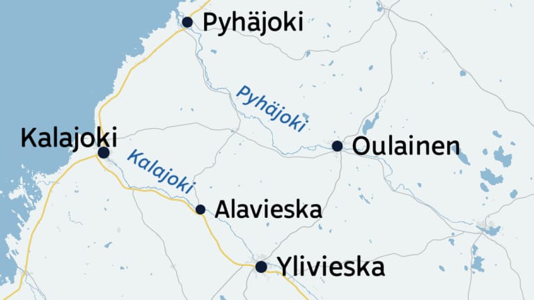Kalajoki virtaa Nivalasta Kalajoelle ja Pyhäjoki Oulaisista Pyhäjoelle.