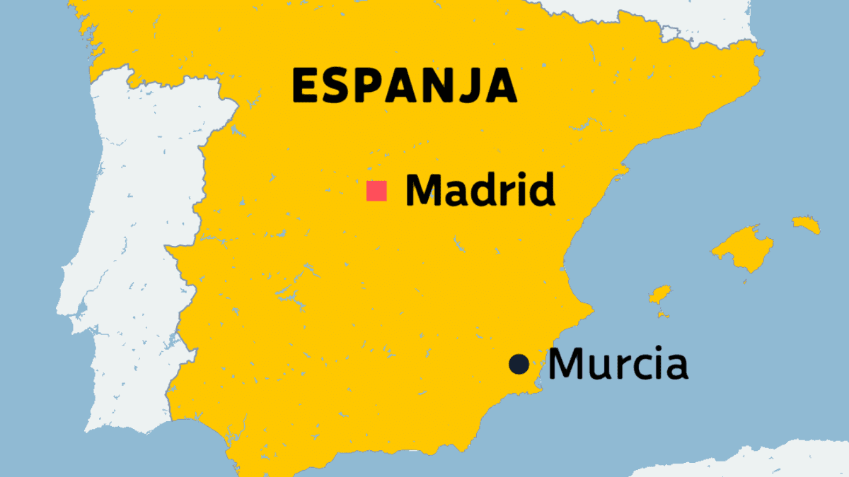 Espanjan kartta, jossa näkyy Murcian kaupunki.