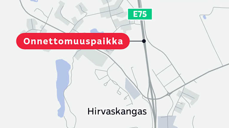 Kartta joka näyttää onnettomuuspaikan nelostiellä Hirvaskankaalla.