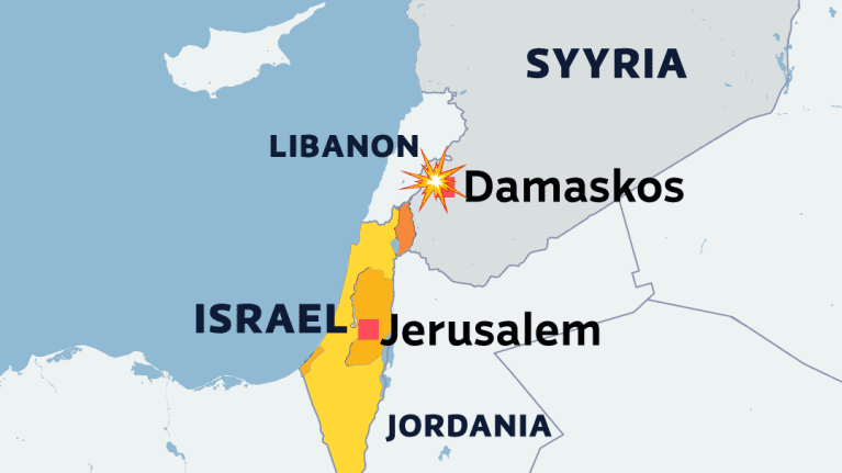 Kartta Israelin iskusta  Iranin Damaskoksen konsulaatiin pääsiäisenä 2024.