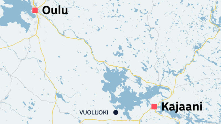 Karttagrafiikka, jossa näkyy Vuolijoen sijainti suhteessa Kajaaniin ja Ouluun.