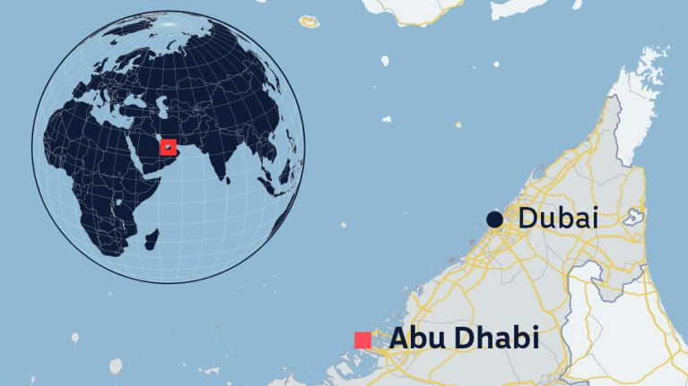 Kartta Arabiemiirikunnista, johon merkitty Abu Dhabi ja Dubai.
