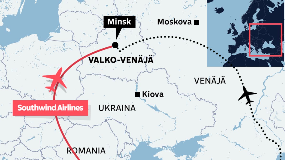 Kartta Southwind Airlinesin mahdollisista reiteistä Turkin Istanbulista Valko-Venäjän Minskiin.