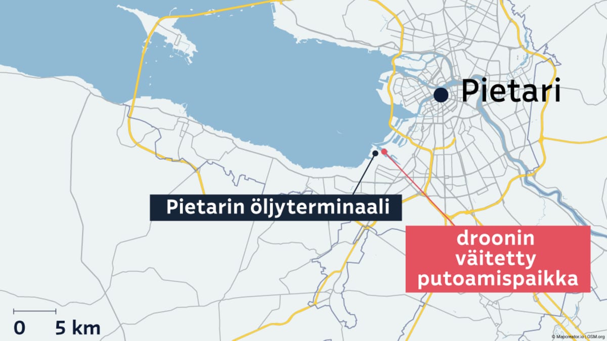 Ubicación de la terminal petrolera en San Petersburgo.  La ubicación del presunto lugar del accidente del dron también está marcada en el mapa.