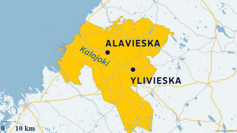 Karttagrafiikka, jossa keltaisella korostettuna Ylivieskan seutukunta, merkittynä Alavieskan ja Ylivieskan kuntakeskukset, sekä Oulun kaupunki.
