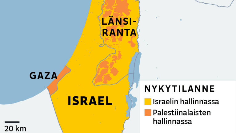 Kartalla nykytilanne Israelin ja palestiinalaisten hallitsemista alueista.