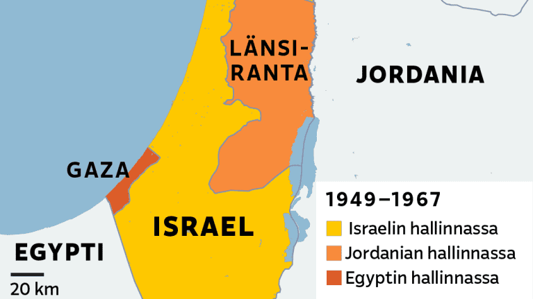 Kartalla vuosien 1949-1967 tilanne Israelin jakautumisesta.