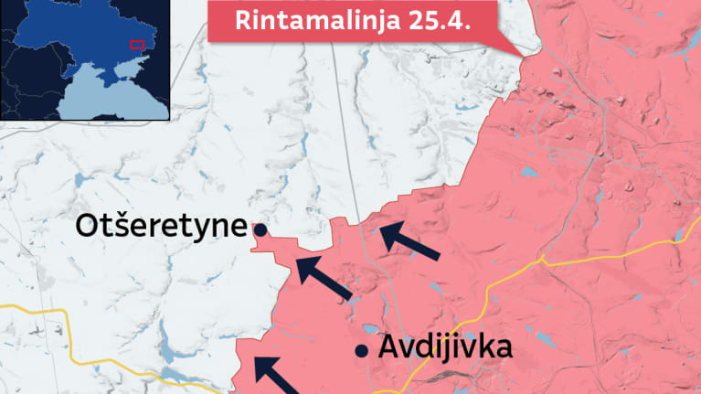 Kartalla Venäjän rintamalinja Ukrainassa Avdijivkan kohdalla.