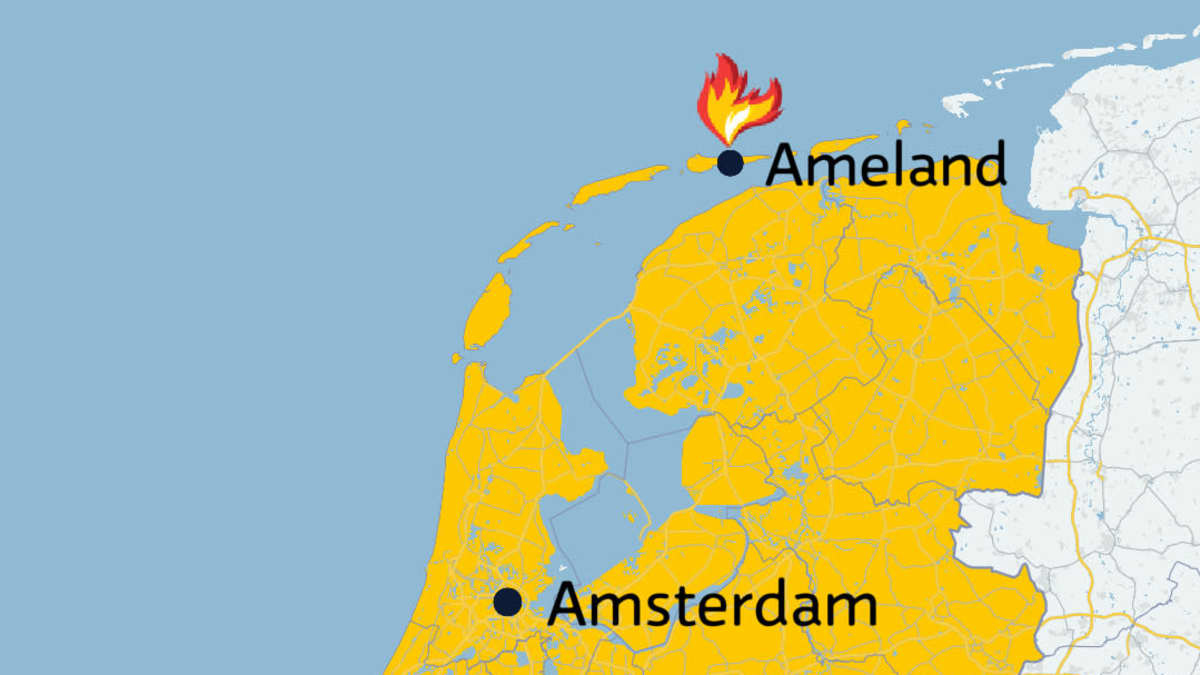 Kartta jossa näkyy missä Ameland sijaitsee Hollannissa.