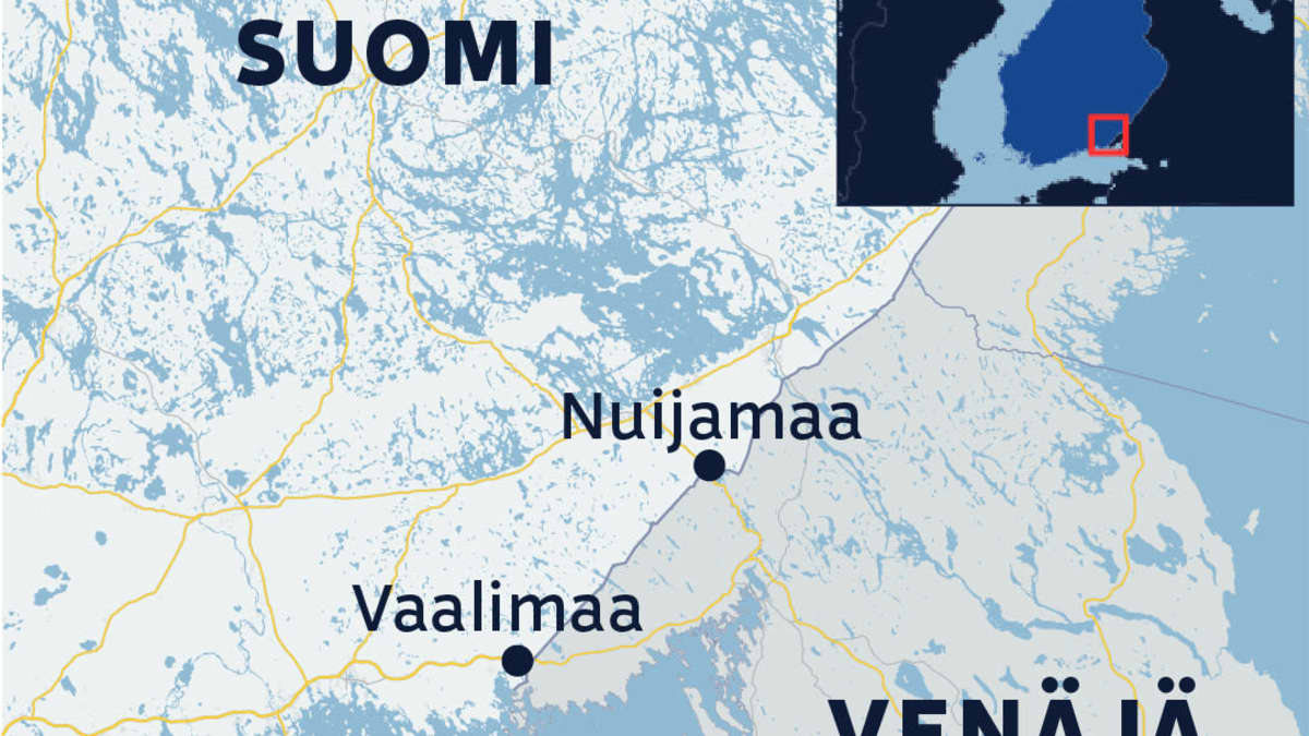 Kartta, johon merkitty Vaalimaan ja Nuijamaan rajanylityspaikat Suomen ja Venäjän rajalla.