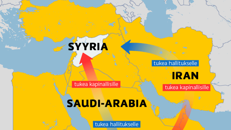 Lähi-idän kartta, johon merkittynä Saudi-Arabian ja Iranin tuki Syyrian ja Jemenin konfliktien osapuolille. Saudi-Arabia tukee kapinallisia Syyriassa ja hallitusta Jemenissä. Iran taas tukee hallitusta syyriassa  ja kapinallisia Jemenin konfliktissa.