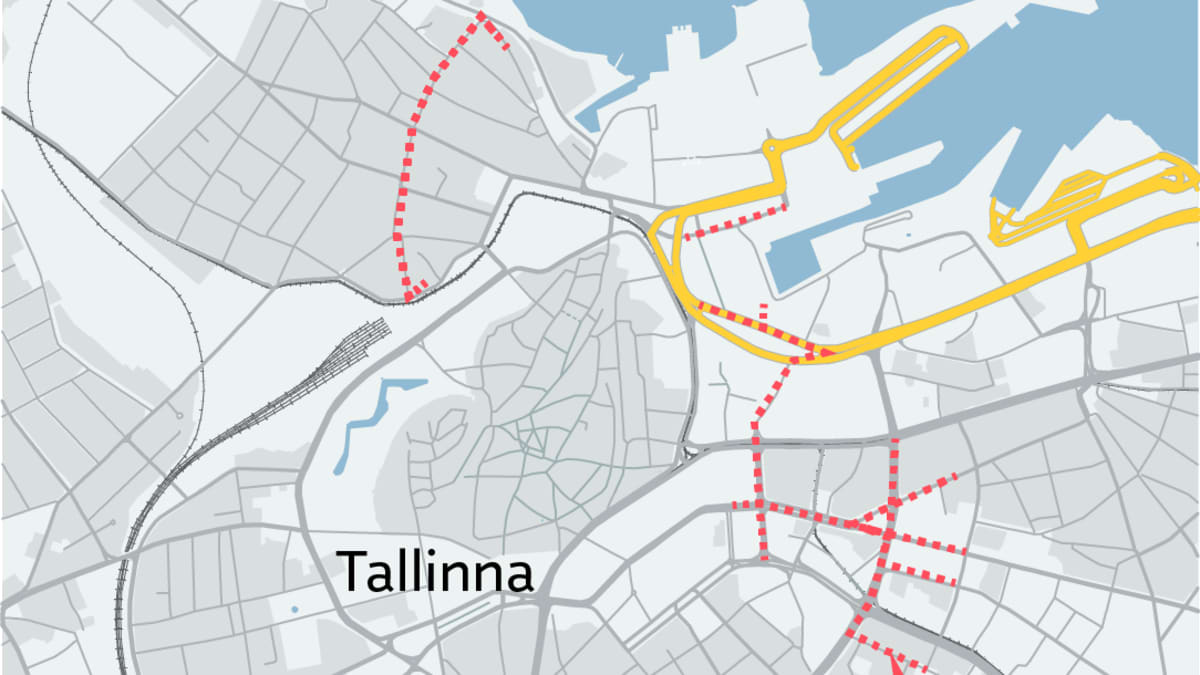 Kartassa esitettynä Tallinnan keskustassa tietöiden takia suljetut katuosuudet.
